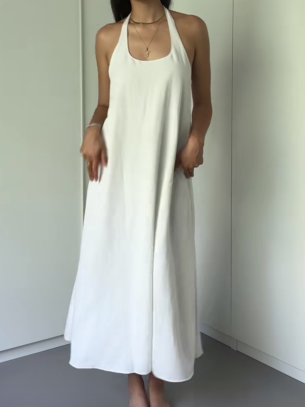 Zara White Halter-Back Maxi Dress